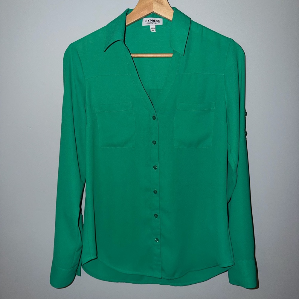 Express Portofino Shirt XS Green Roll Tab Sleeve Button Front Blouse
